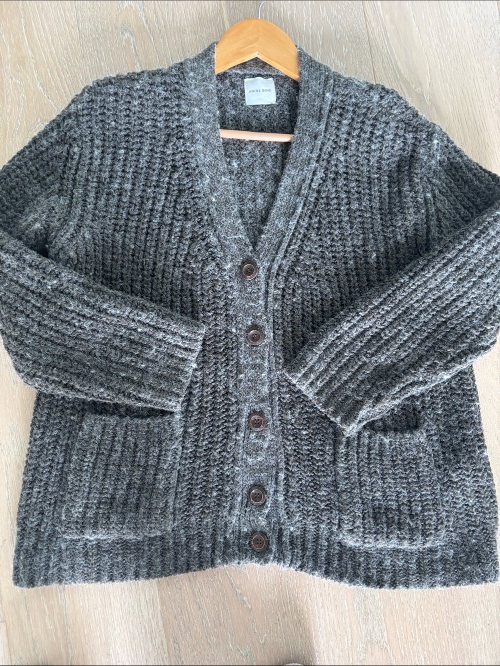 Anine Bing Charcoal Gray Textured V-Neck Cardigan